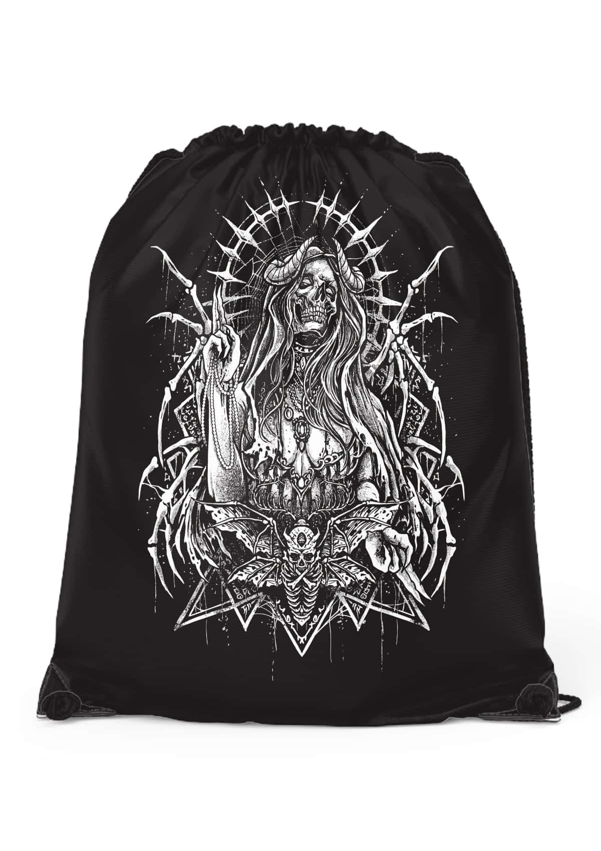 Schwarzer gym bag mit externen kordelhalterungen und gothic motiv eines skelettartigen teufels mit spinnenarmen